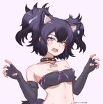  1girl :d animal_ears aqua_eyes bangs bare_shoulders black_gloves black_hair bow breasts cerberus_(kemono cleavage collar collarbone commentary disco_brando dog_ears dog_girl dog_tail elbow_gloves english_commentary eyeliner fangs fingerless_gloves friends) gloves gradient gradient_background hair_between_eyes hair_ornament highres jewelry kemono_friends lipstick looking_at_viewer makeup medium_breasts navel necklace open_mouth pink_background pink_lips purple_bow scar scar_across_eye short_hair smile solo spiked_collar spikes stomach strapless tail tubetop twintails twitter_username two_side_up upper_body 