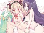  3girls back bangs bare_shoulders black_bra black_panties blade_(galaxist) blonde_hair blue_eyes blush bra breasts choker closed_mouth commentary dragon_girl dragon_horns earrings ereshkigal_(fate/grand_order) eyebrows_visible_through_hair fate/grand_order fate_(series) frilled_bra frilled_panties frills green_hair hair_ornament hair_ribbon horns hug jewelry kiyohime_(fate/grand_order) large_breasts long_hair looking_at_viewer lying medium_breasts minamoto_no_raikou_(fate/grand_order) multiple_girls navel off_shoulder on_back on_side open_mouth panties parted_bangs purple_hair red_eyes red_ribbon ribbon ribbon_choker smile tiara two_side_up underwear very_long_hair white_bra white_panties yellow_eyes yuri 