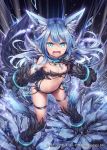  1girl akkijin animal_ears aqua_eyes armpits bare_shoulders black_background blue_hair breasts broken broken_chain chain chains claws cleavage collar frown glowing glowing_eyes ice official_art paws rage_face ribbon serious shinkai_no_valkyrie small_breasts squall_(shinkai_no_valkyrie) tail thigh_ribbon wolf_ears wolf_tail 