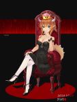  1girl artist_name bangs bare_shoulders black_dress blue_eyes bowsette bracelet breasts brooch chair character_name cleavage collarbone commentary_request dated dress erect_nipples eyebrows_visible_through_hair fang finger_to_mouth full_body high_heels highres horns jewelry large_breasts legs_crossed long_nails looking_at_viewer madao_desu super_mario_bros. nail_polish new_super_mario_bros._u_deluxe nintendo pantyhose pointy_ears ponytail shadow sidelocks sitting sleeveless sleeveless_dress smile solo spiked_armlet spiked_bracelet spiked_tail spikes super_crown white_legwear 