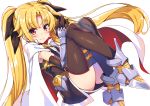  1girl absurdres armored_boots black_bow black_gloves black_sleeves blonde_hair blush boots bow cape elbow_gloves eyebrows_visible_through_hair fate_testarossa floating_hair gloves hair_bow hands_together highres long_hair looking_at_viewer lyrical_nanoha mahou_shoujo_lyrical_nanoha mahou_shoujo_lyrical_nanoha_a&#039;s raiou red_eyes shiny shiny_hair short_sleeves simple_background sitting smile solo very_long_hair white_background white_cape 