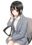  1girl a_sore_pon_desu! bangs black_eyes black_hair breasts chair closed_mouth collared_shirt commentary_request dress_shirt eyebrows_visible_through_hair formal grey_jacket grey_skirt hand_up highres jacket kentaurosu long_sleeves looking_at_viewer office_chair on_chair open_clothes open_jacket shirt short_hair simple_background sitting skirt skirt_suit small_breasts solo suit white_background white_shirt 