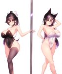 2girls :q ahoge animal_ears asymmetrical_legwear atago_(azur_lane) azur_lane bare_legs bare_shoulders black_choker black_hair black_legwear blush bow breasts bunny_tail bunnysuit choker cleavage collarbone covered_navel geonjeonhannick hair_bow hair_ornament hair_ribbon hand_on_hip hand_on_own_head holding large_breasts leotard long_hair looking_at_viewer multiple_girls playboy_bunny_leotard ponytail ribbon simple_background single_thighhigh standing stripper_pole tail takao_(azur_lane) thigh-highs tongue tongue_out white_background white_bow white_choker white_ribbon yellow_eyes 