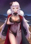  1girl ahoge azur_lane bangs beach black_coat black_flower black_ribbon black_swimsuit breasts cleavage coat commentary_request cowboy_shot flower fur-trimmed_coat fur_trim graf_zeppelin_(azur_lane) hair_flower hair_ornament hand_on_own_arm highres jacket_on_shoulders large_breasts lavender_hair lipstick liu_lan looking_at_viewer makeup navel navel_cutout night night_sky ocean one-piece_swimsuit parted_lips pink_lips red_eyes ribbon see-through sidelocks sky solo star_(sky) starry_sky swimsuit thigh_gap water wristband 
