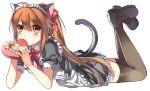  1girl ahoge alternate_costume animal_ears black_legwear blush box brown_hair cat_ears cat_tail chocopenguin enmaided full_body hair_between_eyes heart-shaped_box little_busters!! long_hair looking_at_viewer lying maid maid_headdress natsume_rin on_stomach ponytail puffy_short_sleeves puffy_sleeves short_sleeves solo tail thigh-highs 