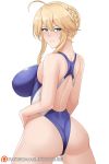  1girl ahoge artoria_pendragon_(all) artoria_pendragon_(lancer) aslindsamure ass backless_outfit bangs blue_eyes blush braid breasts competition_swimsuit fate/grand_order fate_(series) french_braid from_behind hair_between_eyes highres large_breasts long_hair looking_at_viewer looking_back nose_blush one-piece_swimsuit sidelocks simple_background smile swimsuit white_background 