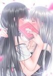  2girls bangs bare_shoulders black_hair black_shirt blunt_bangs blurry blurry_background blurry_foreground blush book closed_eyes collarbone commentary couple covering covering_kiss depth_of_field eyebrows_visible_through_hair facing_another female fingernails french hair_between_eyes hand_on_another&#039;s_shoulder highres holding holding_book hug kiss long_hair multiple_girls naginagiwaffle nose_blush off-shoulder_shirt off_shoulder original petals profile shirt short_sleeves silver_hair simple_background upper_body very_long_hair white_background white_shirt yuri 
