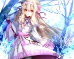  1girl ainu_clothes bangs bare_tree black_legwear blonde_hair bow closed_mouth commentary_request eyebrows_visible_through_hair fate/grand_order fate_(series) fingerless_gloves gloves hair_between_eyes hair_bow hairband hand_up head_tilt highres illyasviel_von_einzbern long_hair long_sleeves pantyhose pekerika pink_bow pink_ribbon purple_gloves red_eyes ribbon sitonai smile solo standing sword tree very_long_hair weapon white_hairband wide_sleeves 