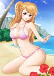  1girl beach bikini blush breasts brown_eyes brown_hair charlotte_pudding cleavage cliff collarbone commentary_request eyelashes flower hair_over_one_eye highres himumu_(cyah7528) kneeling large_breasts lipstick long_hair looking_at_viewer makeup navel ocean one_piece palm_tree pink_bikini pink_lipstick side-tie_bikini solo sparkle swimsuit tree untying 