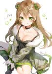  1girl :p bangs bare_shoulders black_choker black_dress black_footwear blush bow breasts brown_hair camouflage_jacket character_name choker cleavage closed_mouth collarbone commentary double_bun dress eyebrows_visible_through_hair fur-trimmed_jacket fur_trim girls_frontline green_bow green_eyes green_hair hair_between_eyes hair_bow highres jacket kneehighs long_hair long_sleeves medium_breasts mismatched_legwear multicolored_hair puffy_long_sleeves puffy_sleeves revision rfb_(girls_frontline) shiratama_akane shoes side_bun simple_background sitting sleeveless sleeveless_dress smile solo striped striped_legwear stuffed_animal stuffed_toy teddy_bear tongue tongue_out twitter_username two-tone_hair vertical-striped_legwear vertical_stripes very_long_hair white_background 