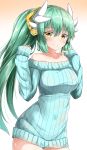  1girl absurdres bangs bare_shoulders black_panties blue_sweater blush breasts brown_background brown_eyes closed_mouth collarbone commentary_request dragon_horns eyebrows_visible_through_hair fate/grand_order fate_(series) gradient gradient_background green_hair hair_between_eyes hands_up highres horns kiyohime_(fate/grand_order) long_hair long_sleeves medium_breasts moyoron off-shoulder_sweater panties ponytail ribbed_sweater sidelocks sleeves_past_wrists smile solo sweater underwear very_long_hair white_background 