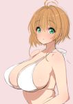  1girl alternate_breast_size bangs bare_shoulders bikini bikini_top blush breasts brown_hair card_captor_sakura cleavage closed_eyes green_eyes halterneck kinomoto_sakura large_breasts looking_at_viewer nose_blush older parted_lips pink_background poin short_hair simple_background sketch solo strap_gap swimsuit upper_body white_bikini 