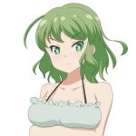  1girl ahoge arms_up bare_shoulders breast_grab breasts cato_(monocatienus) collarbone commentary_request eyebrows_visible_through_hair frown grabbing green_eyes green_hair looking_at_viewer medium_breasts medium_hair simple_background soga_no_tojiko solo touhou upper_body v-shaped_eyebrows white_background 