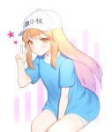  1girl between_legs blonde_hair blue_shirt blush brown_eyes character_name collarbone floating_hair hand_between_legs hat hataraku_saibou long_hair platelet_(hataraku_saibou) shirt short_shorts short_sleeves shorts sitting siun solo star v white_background white_hat white_shorts 