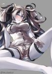  1girl black_hair blush breasts commentary_request escort_water_hime gloves grey_background grey_gloves grey_hair juurouta kantai_collection large_breasts long_hair looking_at_viewer multicolored_hair shinkaisei-kan shirt shorts simple_background solo twintails violet_eyes white_hair 