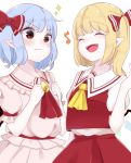  2girls :d ^_^ ascot bangs bat_wings blonde_hair blue_hair blush bow brooch closed_eyes closed_eyes commentary_request cowboy_shot crystal dress eighth_note esatongi eyebrows_visible_through_hair flandre_scarlet frilled_shirt_collar frills hair_bow hand_up jewelry multiple_girls musical_note no_hat no_headwear one_side_up open_mouth pink_dress pointy_ears puffy_short_sleeves puffy_sleeves red_bow red_eyes red_neckwear red_sash red_skirt red_vest remilia_scarlet sash shirt short_hair short_sleeves siblings simple_background sisters skirt skirt_set smile sparkle touhou v-shaped_eyebrows vest white_background white_shirt wings yellow_neckwear 