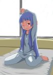  barefoot blue_hair blunt_bangs kannagi long_hair nagi pajamas purple_eyes violet_eyes 