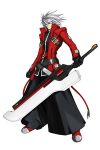  belt blazblue boots cable frown gloves green_eyes hakama heterochromia huge_weapon jacket japanese_clothes male mori_toshimichi official_art open_clothes open_jacket ragna_the_bloodedge red_eyes short_hair simple_background solo spiked_hair standing strap sword weapon white_background white_hair 