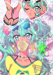  1girl aqua_eyes aqua_hair bead_anklet bead_necklace beads black_bra bra bra_strap brazil brazilian_flag brazilian_miku bubble chewing_gum commentary_request earrings earth_(planet) english_text eyewear_on_head flip-flops flower gold_earrings green_nails hair_flower hair_ornament hatsune_miku heart hibiscus highres himitsu_(iemaki) hoop_earrings jewelry looking_at_viewer multicolored_nails multiple_views nail_polish necklace one_eye_closed planet portugese_text sandals search_bar shirt sparkle sunglasses tan tanlines translation_request twintails underwear vocaloid yellow_nails yellow_shirt 
