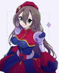  1girl blue_dress brown_hair cowboy_shot dress green_eyes hair_between_eyes hat highres iris_(mega_man) koshianpancake long_hair mega_man_(series) mega_man_x_(series) red_dress red_hat simple_background solo two-tone_dress white_background 