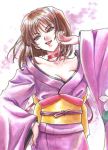  brown_eyes brown_hair cleavage japanese_clothes kanzaki_sumire kimono laugh laughing lowres mole sakura_taisen short_hair sirotuka_lambda smile 