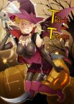  blonde_hair boots demon_tail elbow_gloves face gloves halloween kyo kyo_(kuroichigo) long_hair original pointy_ears pumpkin red_eyes scythe sitting tail thigh-highs thigh_boots thighhighs twintails wings 