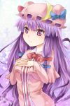  hair_ribbon hands_on_own_chest hat hat_ribbon interlocked_fingers long_hair mamepon patchouli_knowledge purple_eyes purple_hair ribbon ribbons touhou violet_eyes 