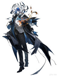  1boy absurdres arknights ascot black_coat black_footwear black_pants blue_ascot blue_gloves coat crinoid dongsheng full_body fusion gloves highres key layered_sleeves long_sleeves lumen_(arknights) orange_ascot pants seaborn_(arknights) shirt simple_background solo spyglass standing white_background white_shirt 