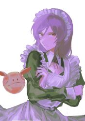  1boy alternate_costume apron black_dress breast_cutout closed_mouth collared_dress commentary crossdressing crossed_arms dress enmaided frilled_apron frills gundam gundam_00 hair_between_eyes haro highres juliet_sleeves long_sleeves looking_at_viewer maid maid_headdress male_focus male_maid medium_hair otoko_no_ko puffy_sleeves purple_hair red_eyes sas99009 simple_background solo tieria_erde white_apron white_background wing_collar 