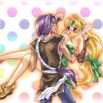  1girl blonde_hair blue_eyes blush bow breasts carry carrying cleavage couple elbow_gloves fingerless_gloves gloves hair_bow hawkeye head_wings headwings long_hair nakamasomo open_mouth princess_carry riesz seiken_densetsu seiken_densetsu_3 surprise surprised very_long_hair 