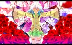  crucifixion flower komeiji_koishi nanamomo_rio nanamomorio no_hat no_headwear outstretched_arms rose silver_hair skirt spread_arms stained_glass thorns touhou vines wide_sleeves 