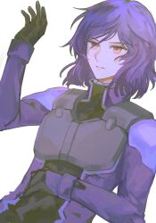  1boy gundam gundam_00 hand_on_own_stomach hand_up highres jumpsuit looking_ahead male_focus medium_hair normal_suit parted_lips pilot_suit purple_hair purple_jumpsuit red_eyes sas99009 simple_background solo tieria_erde white_background 