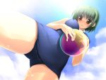  ball beachball brown_eyes colorful_education from_below game_cg green_hair looking_down one-piece_swimsuit school_swimsuit short_hair solo swimsuit takashima_misaki view_from_below yukirin 