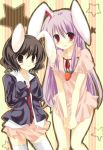  animal_ears bad_id black_hair bunny_ears change_dress cosplay costume_switch covering covering_crotch inaba_tewi kinoko knk long_hair multiple_girls oversized_clothes purple_hair rabbit_ears reisen_udongein_inaba short_hair skirt skirt_tug socks touhou undersized_clothes 