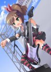  brown_hair green_eyes guitar hair_ornament hair_ribbon hair_ribbons hairclip highres instrument morujii original panties pantyshot ponytail ribbon ribbons skirt striped striped_legwear striped_thighhighs thigh-highs thighhighs underwear 