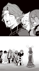  1girl 6+boys absurdres angry arjuna_(fate) arjuna_alter_(fate) ashwatthama_(fate) bhima_(fate) black_background constricted_pupils dark-skinned_male dark_skin duryodhana_(fate) earrings fate/apocrypha fate/grand_order fate_(series) highres hirunagi jewelry karna_(fate) matou_sakura multiple_boys open_mouth parvati_(fate) seiza sitting sweat 