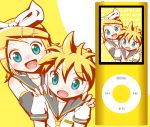  blue_eyes brother_and_sister chibi detached_sleeves digital_media_player headphones highres ipod kagamine_len kagamine_rin ribbon ribbons short_hair shorts siblings twins vocaloid yagigojou_(artist) 