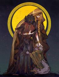  1girl 2boys aged_down artist_name black_sclera black_skin black_wings bracelet braid brothers brown_cloak carrying child child_carry cloak colored_sclera colored_skin commentary dark_background eaissilyysack elden_ring english_commentary feathered_wings gradient_background hand_on_another's_head highres horns jewelry looking_at_viewer mohg_lord_of_blood morgott_the_omen_king mother_and_son multiple_boys multiple_horns queen_marika_the_eternal siblings tail twins white_hair wings yellow_eyes 