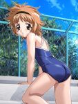  brown_eyes brown_hair chainlink_fence d-ten fence one-piece_swimsuit onegai_twins pool poolside school_swimsuit shidou_haruko short_hair swimsuit 