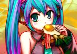  breakfast detached_sleeves eating egg eggs food green_eyes hatsune_miku headphones microphone multicolored_hair necktie spring_onion toast twintails upon_thou_fair_cat vocaloid 