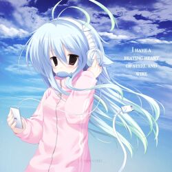  1girl 2000s_(style) animal_ears blue_hair cable clouds commentary digital_media_player english_commentary english_text fish headphones highres jacket jelly_(bonnybel) jitome light_blue_hair long_hair original pink_jacket sky solo tail violet_eyes 
