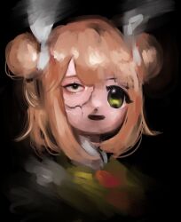  1girl black_background blonde_hair cracked_mask cropped_shoulders double_bun hair_bun hair_ribbon haniwa_kue highres joutouguu_mayumi looking_at_viewer mask medium_hair open_mouth parody portrait ribbon simple_background smile solo style_parody touhou vest white_ribbon yellow_eyes yellow_vest zun_(style) 