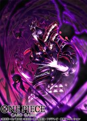  1boy aidle_co_jp coat commentary_request copyright_name creature gecko_moria gloves gradient_background high_collar horns male_focus official_art one_piece one_piece_card_game open_mouth purple_background purple_theme sharp_teeth solo teeth veins 