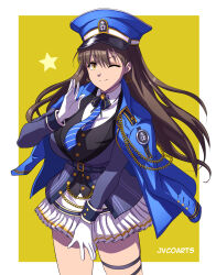  1girl artist_name blue_coat blue_hat blue_necktie breasts brown_hair coat coat_on_shoulders collared_shirt cowboy_shot diesel_(nikke) earrings gloves goddess_of_victory:_nikke hand_up hat highres jewelry jvco_arts large_breasts long_hair looking_at_viewer necktie one_eye_closed pleated_skirt shirt skirt smile striped_necktie thigh_strap triangle_earrings white_gloves white_shirt white_skirt yellow_eyes 