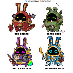  4others axe bangboo_(zenless_zone_zero) book chain_axe chainsword crossover death_guard dual_wielding earrings electric_guitar emperor&#039;s_children guitar highres holding holding_axe holding_book holding_guitar holding_instrument holding_polearm holding_sword holding_weapon instrument jewelry mick19988 multiple_others no_humans polearm spear sword tentacles thousand_sons warhammer_40k weapon world_eaters zenless_zone_zero 