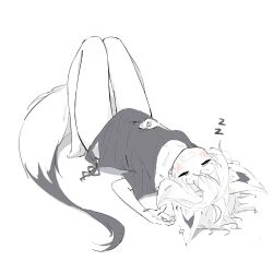  1girl absurdres ahoge animal_ear_fluff animal_ears bare_legs black_shirt black_tail blush closed_eyes collarbone crossed_bangs double-parted_bangs extra_ears fox_ears fox_girl fox_tail greyscale highres hololive long_hair looking_at_viewer low-tied_long_hair lying monochrome multicolored_tail no_panties official_alternate_costume on_back open_mouth oversized_clothes oversized_shirt shirakami_fubuki shirakami_fubuki_(loungewear) shirt side-tie_shirt sidelocks simple_background sleeping solo tail tensann3 thighs virtual_youtuber white_background white_hair white_tail zzz 