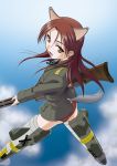  back gun long_hair looking_back minna-dietlinde_wilcke misnon_the_great red_eyes red_hair redhead strike_witches tail weapon 