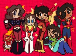  1girl 4boys ^_^ androgynous art_o_bart_o belt bent_over bishounen black_footwear blue_bodysuit blue_eyes blue_footwear blue_gloves bodysuit boots bracelet breasts brown_eyes brown_hair cat chibi closed_eyes crossed_arms duke_fleed eyelashes flower frown full_body getter-1 getter_robo gloves green_scarf grid grin hand_on_own_hip hand_up hands_on_own_knees highres holding holding_flower index_finger_raised jewelry kabuto_kouji knee_boots light_blush long_hair long_sideburns looking_at_viewer maria_grace_fleed mazinger_(series) mazinger_z mecha_pilot_suit multicolored_bodysuit multicolored_clothes multiple_boys nagare_ryoma non-humanoid_robot one_eye_closed profile red_background red_bodysuit red_footwear red_gloves robot robot_cat scarf sharp_teeth short_eyebrows short_hair sideburns sideways_glance sitting smile standing star_(symbol) star_symbol_background teeth thick_eyebrows tsurugi_tetsuya ufo_robo_grendizer white_flower white_footwear white_gloves yellow_bodysuit 
