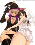  angel bad_id blonde_hair bloomers blue_eyes blush breasts brown_eyes brown_hair camisole chain chains choker cleavage elbow_gloves gloves halloween hat highres multiple_girls panties ri-ko short_hair thigh-highs thighhighs thong underwear wand wings witch witch_hat zipper 
