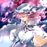  closed_eyes floating_hair foreshortening hat lowres outstretched_arm pink_hair popoin saigyouji_yuyuko touhou wind 